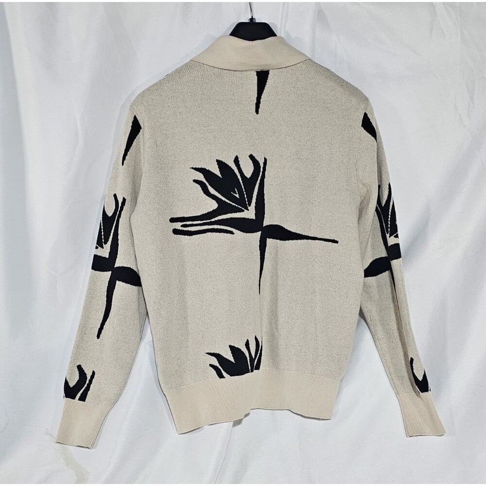 Saint James Cotton Polo Collar Cardigan Sweater Abstract Floral Cream Black Sz 8 - Picture 3 of 10